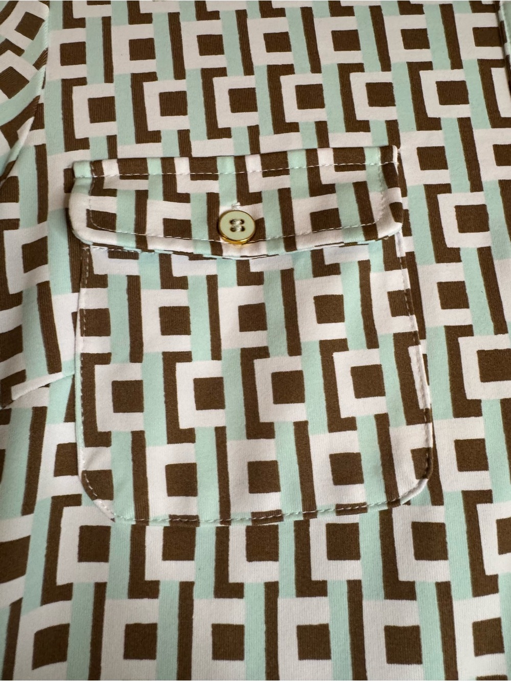 Button-Front Geometric Midi Dress in White and Brown - Picture 3 of 6